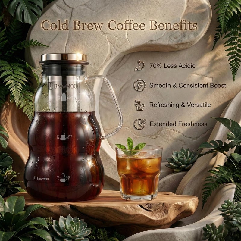 BrewMOO - Cold Brew Coffee Maker (2.0L/68Oz), Sleek Wave Borosilicate Glass Pitcher with Stainless Steel Filter, Airtight Lid + Wide Spout + Comfort Handle, Effortless Manual, Sophisticated Gift - Image 2